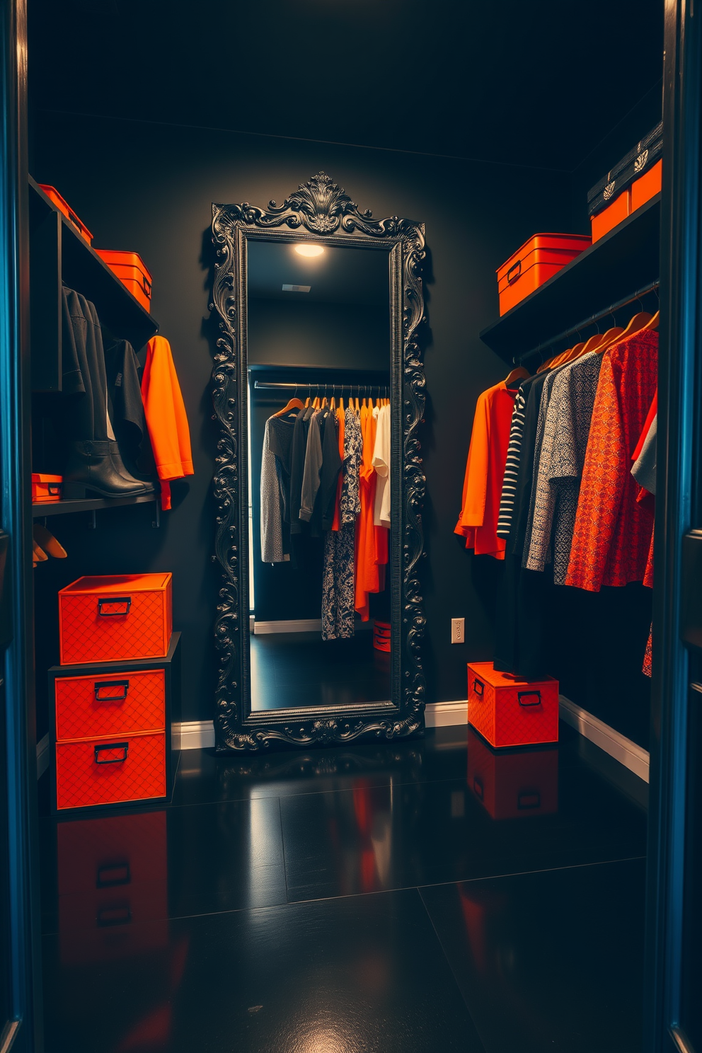 A stylish closet space designed with a black and orange color scheme. The walls are painted in a deep black, while vibrant orange accents are added through decorative storage bins and hangers. The flooring features a sleek black finish, creating a modern look. A large mirror with an ornate black frame reflects the carefully arranged outfits, enhancing the overall aesthetic.