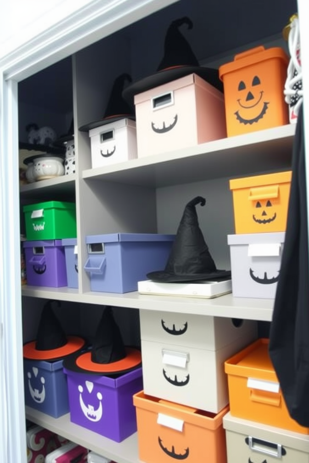 A whimsical Halloween closet filled with creative storage solutions. The shelves are adorned with colorful storage boxes topped with playful witch hats, adding a festive touch to the space.