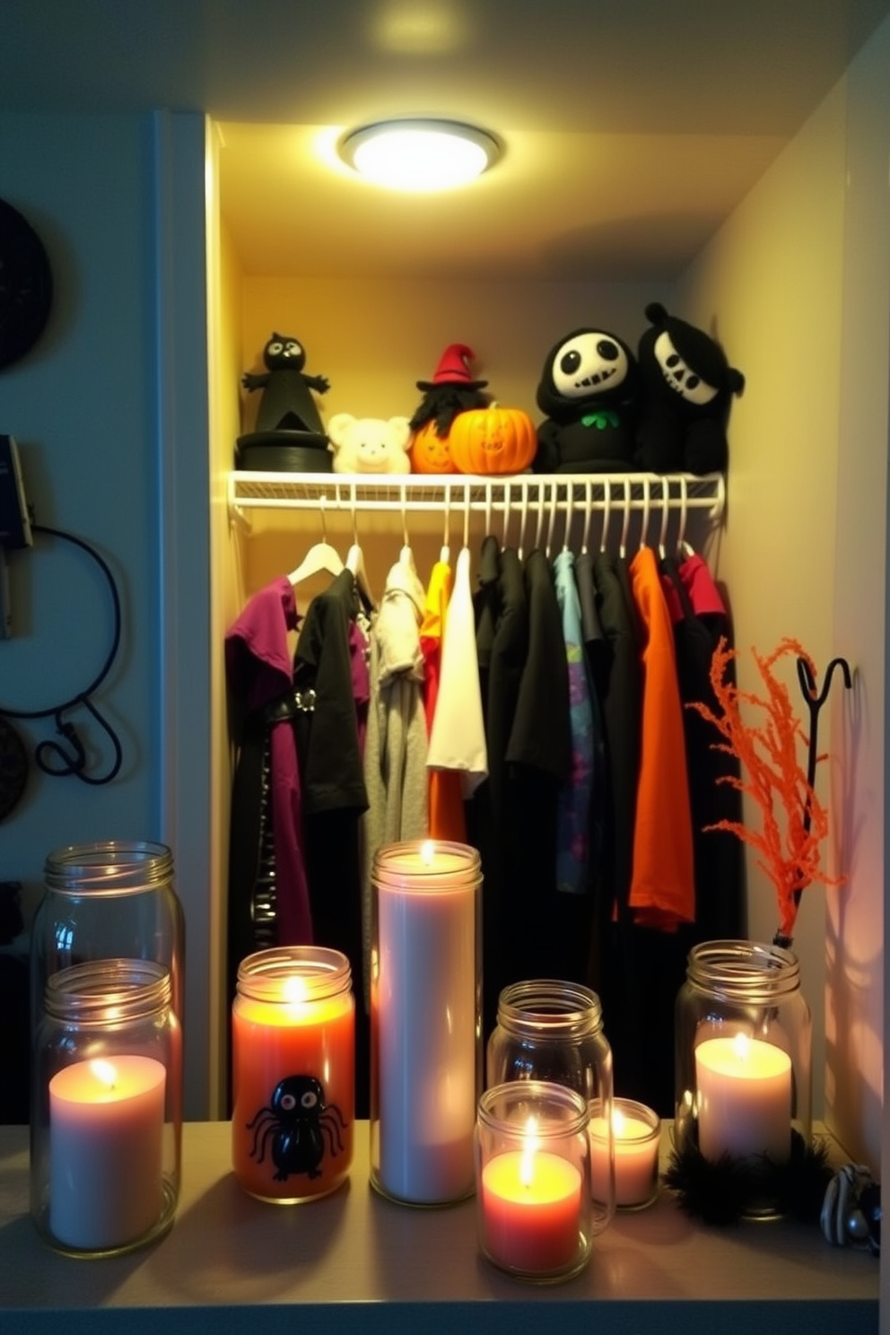 Candles in glass jars create a warm and inviting ambiance. The flickering light casts soft shadows, enhancing the cozy atmosphere of the space. For Halloween closet decorating ideas, consider incorporating themed elements such as spooky decorations and vibrant colors. Arrange costumes and accessories in an organized manner to showcase the festive spirit.