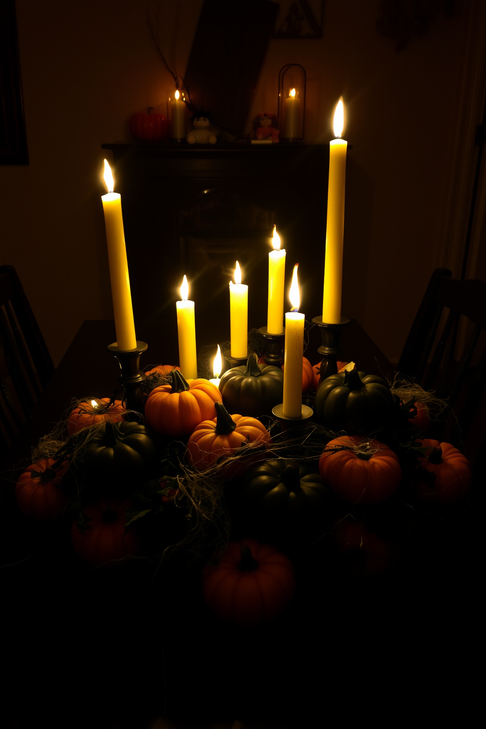 A spooky dining table centerpiece is illuminated by flickering candlelight, casting eerie shadows across the table. The centerpiece features a collection of black and orange pumpkins, intertwined with faux cobwebs and strategically placed candles in various heights.