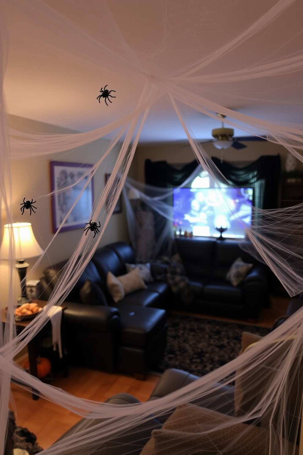 A cozy living room adorned for Halloween. Cobwebs stretch across the corners of the room, with plastic spiders strategically placed among them to enhance the spooky atmosphere.