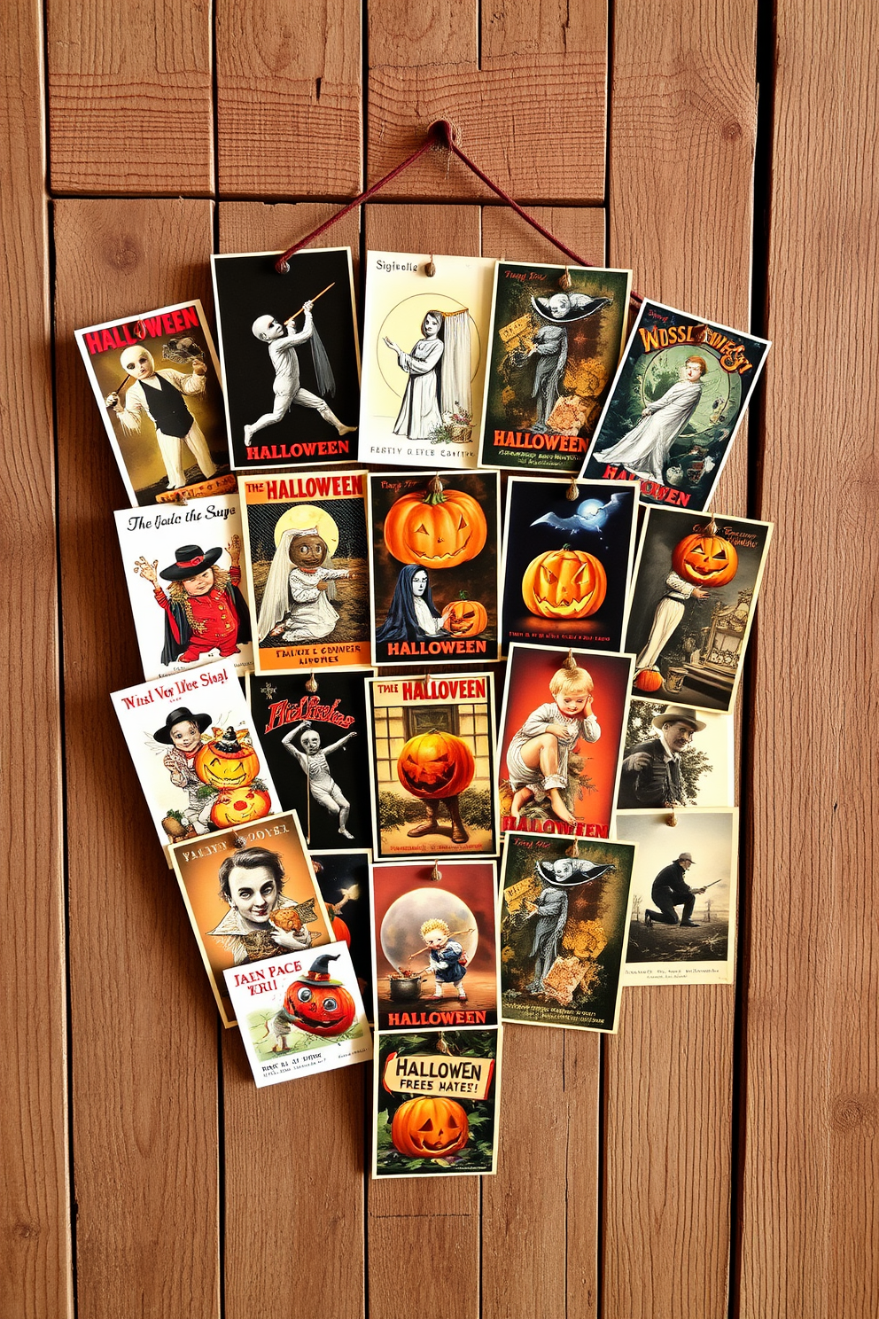 A collection of vintage Halloween postcards is artfully arranged on a rustic wooden wall. The postcards feature classic Halloween imagery, adding a nostalgic touch to the festive decor.