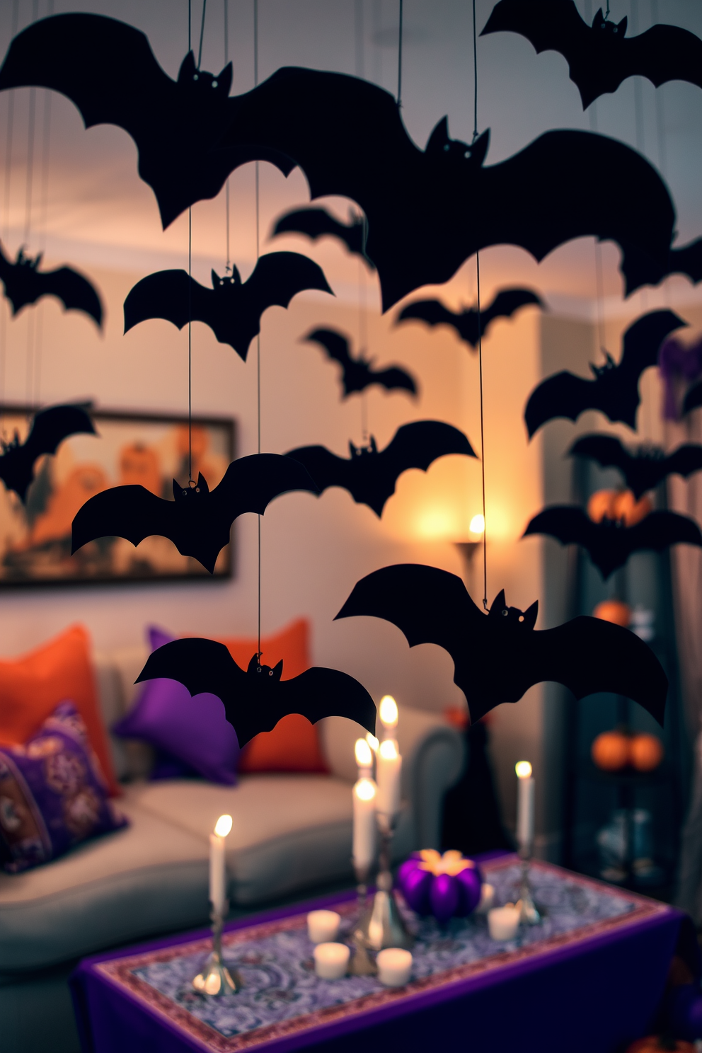 A whimsical Halloween scene featuring bats cut from black paper suspended from the ceiling. The bats vary in size and are arranged to create a dynamic effect, casting playful shadows on the walls. In the background, a cozy living room is decorated with orange and purple accents, including throw pillows and a festive tablecloth. Flickering candlelight adds an enchanting glow, enhancing the spooky atmosphere of the space.