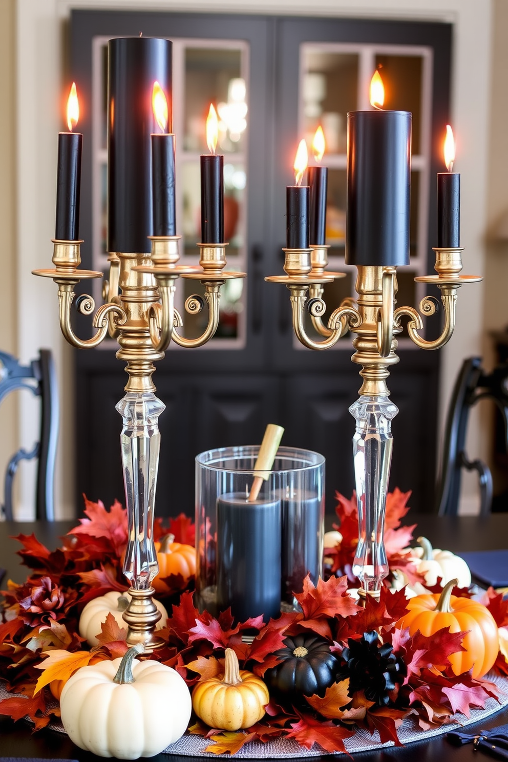 A striking centerpiece featuring elegant candelabras adorned with black candles creates a dramatic ambiance for Halloween. Surrounding the candelabras are autumn leaves and small pumpkins, enhancing the festive atmosphere.