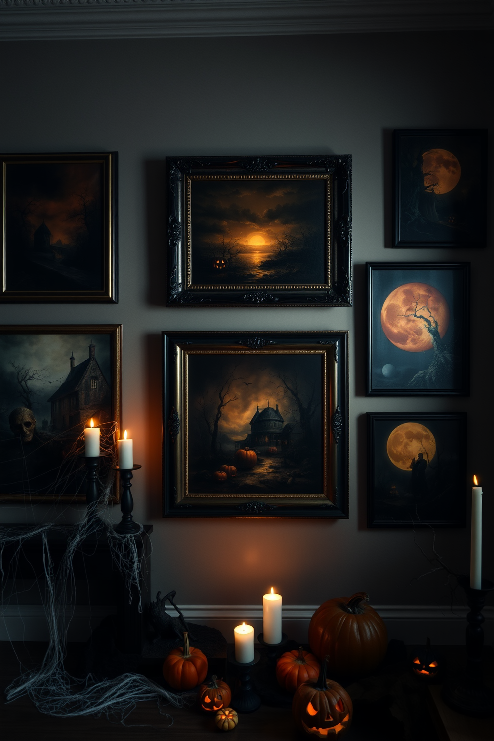 A gallery wall adorned with dark moody oil paintings that evoke a sense of mystery and depth. The paintings feature rich colors and dramatic scenes, creating an atmospheric backdrop for Halloween decorations. Spooky elements such as cobwebs and carved pumpkins are strategically placed around the room. Flickering candlelight casts eerie shadows, enhancing the overall haunting ambiance of the space.