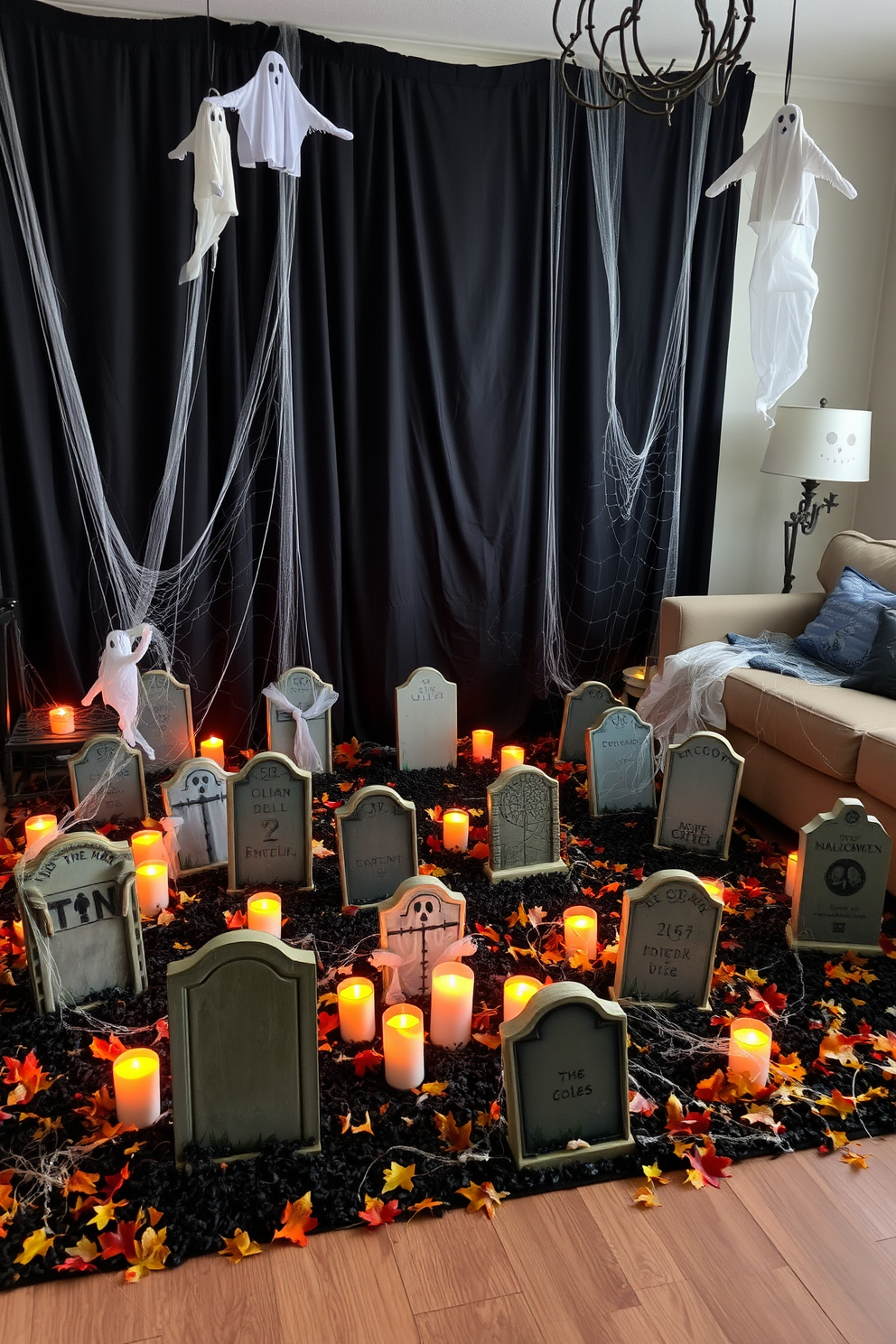 A whimsical faux graveyard scene fills the living room for Halloween. Eerie tombstones are scattered across the floor, surrounded by cobwebs and flickering LED candles. A spooky backdrop features a dark, draped fabric to enhance the atmosphere. Ghostly figures hang from the ceiling, while autumn leaves are strewn across the furniture for a seasonal touch.