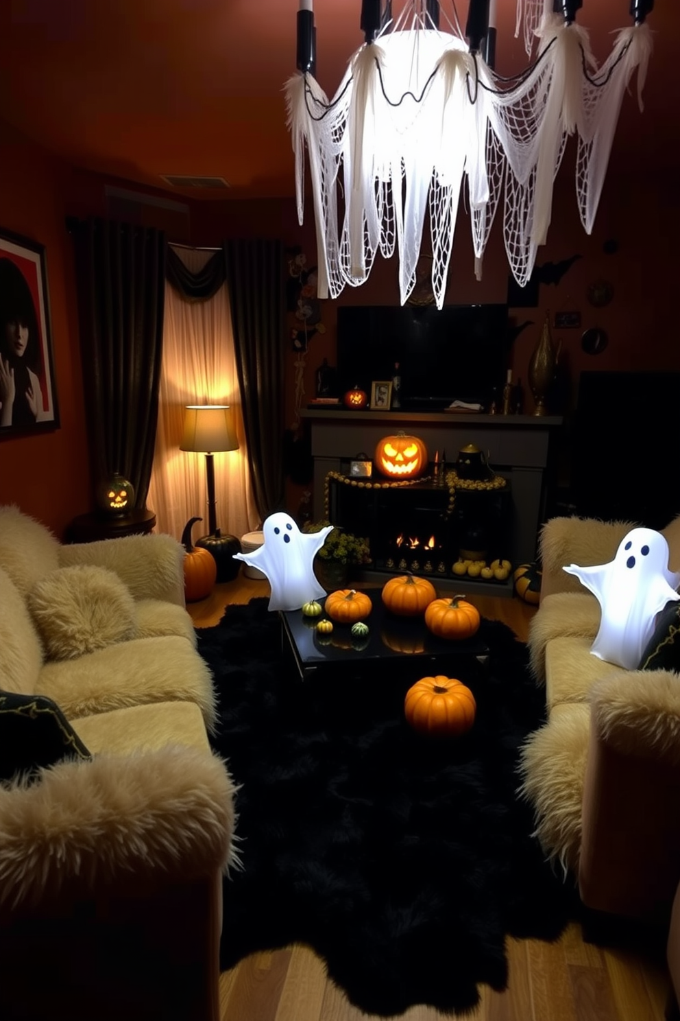 A cozy living room adorned with plush faux fur rugs that invite warmth and comfort. The space features a rich color palette with deep oranges and muted blacks, creating a perfect ambiance for Halloween celebrations. Decorative elements include carved pumpkins and whimsical ghost figurines placed strategically around the room. Soft, ambient lighting casts playful shadows, enhancing the festive atmosphere while maintaining an inviting feel.