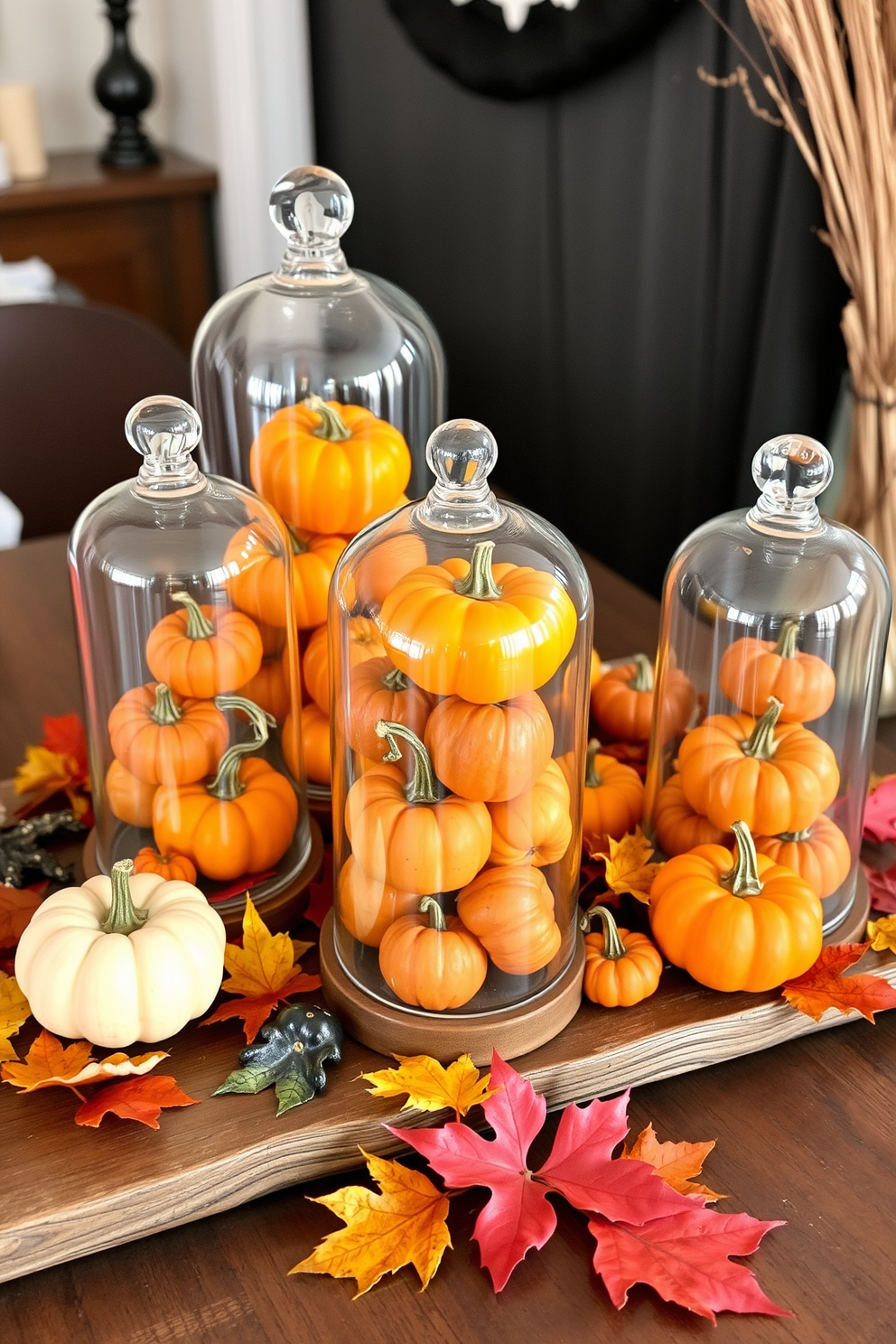 A charming Halloween display featuring glass cloches filled with mini pumpkins of various colors and sizes. The cloches are arranged on a rustic wooden table adorned with autumn leaves and small candles for a warm, inviting atmosphere.