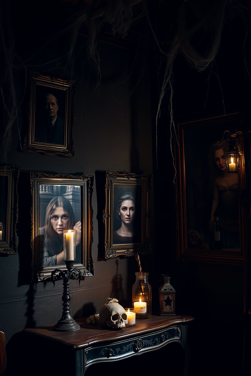 Creepy portraits in vintage frames adorn the walls of a dimly lit room, casting eerie shadows that enhance the spooky atmosphere. Each frame is intricately designed, with aged wood and ornate detailing, showcasing unsettling images that evoke a sense of dread. The room is decorated with cobwebs draping from the ceiling, and flickering candlelight adds to the haunting ambiance. A vintage side table holds a collection of antique props, including a dusty skull and a jar filled with ominous-looking potions.