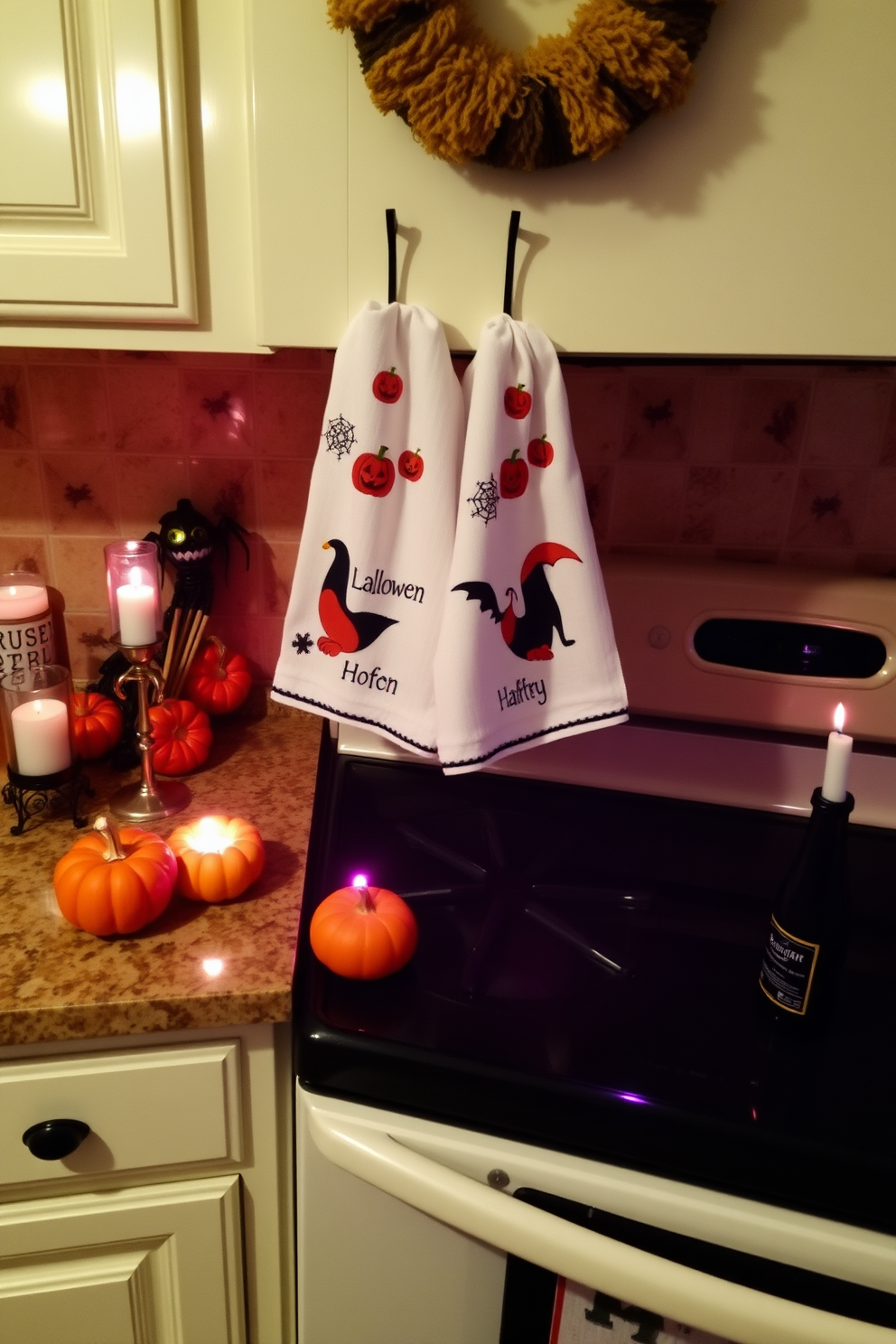 A cozy kitchen adorned with Halloween-themed dish towels hanging from the oven handle. The countertops are decorated with small pumpkins and spooky candles, creating a festive atmosphere.