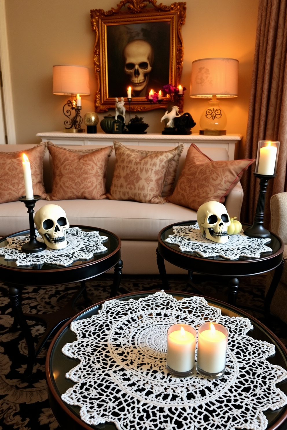 A stylish living room adorned with decorative skulls placed on elegant side tables. The tables are topped with intricate lace doilies, and the warm glow of candles creates a cozy Halloween atmosphere.