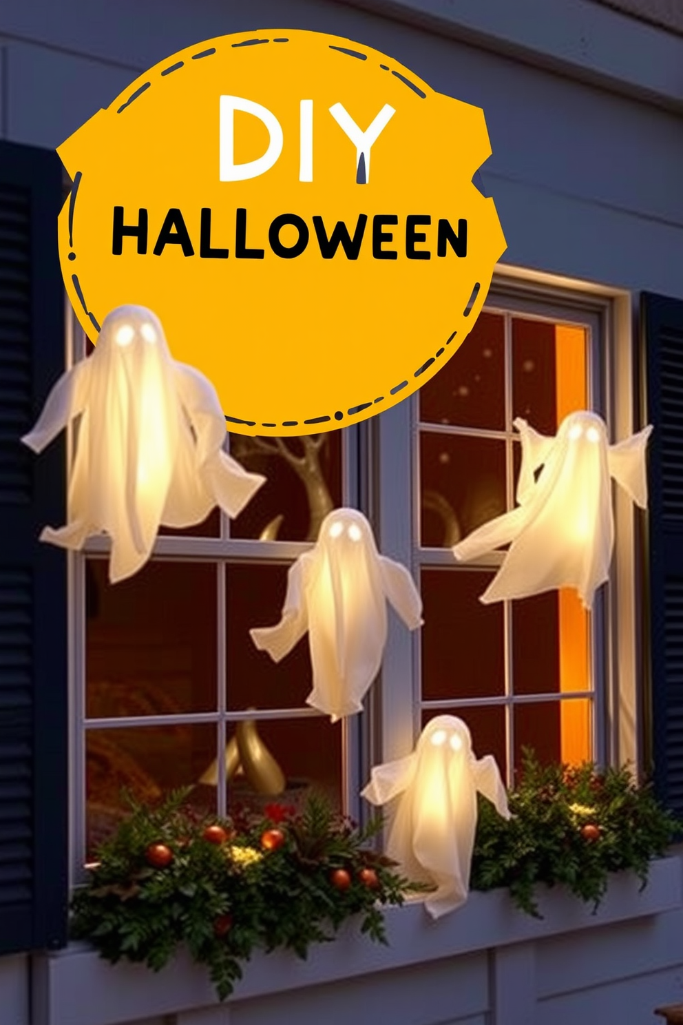 Create a whimsical Halloween scene featuring DIY floating ghosts in windows. The ghosts are made from sheer white fabric, gently swaying in the breeze, with glowing eyes that add a spooky touch to the atmosphere.