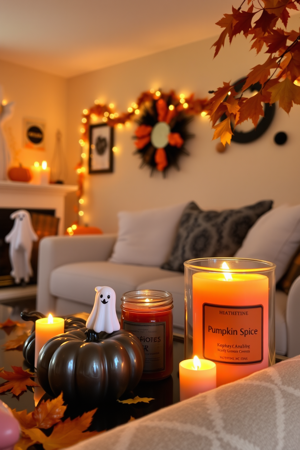 A cozy living room filled with the warm glow of pumpkin spice scented candles. The space is adorned with Halloween decorations, including playful ghosts and vibrant autumn leaves.