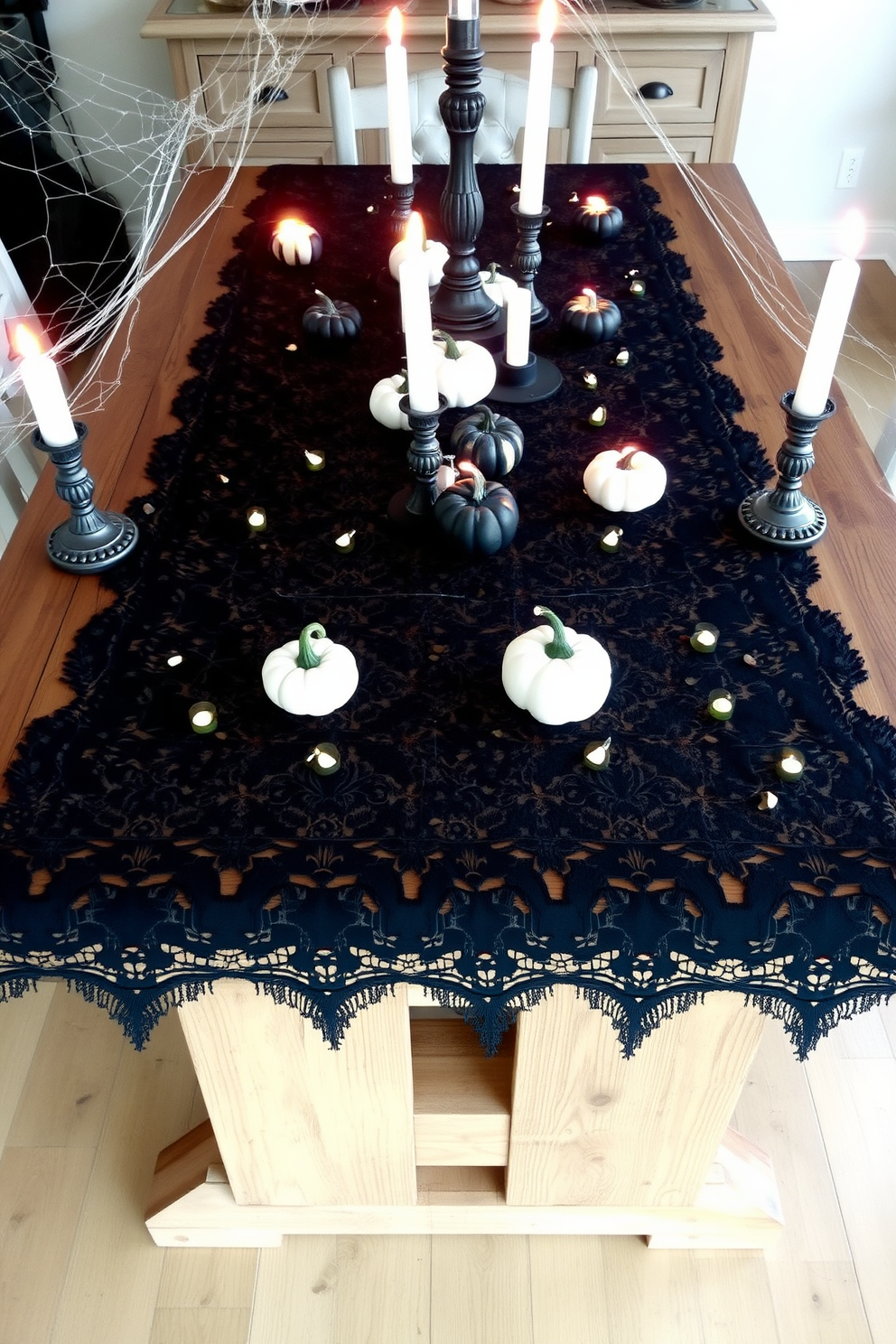 A black lace table runner drapes elegantly over a rustic wooden dining table, creating a striking contrast. Surrounding the table, flickering candles in ornate holders cast a warm glow, enhancing the spooky yet sophisticated atmosphere. Scattered across the table are small pumpkins painted in matte black and white, adding a modern twist to traditional Halloween decor. Delicate spiderwebs stretch across the corners of the table, completing the enchanting Halloween setting.