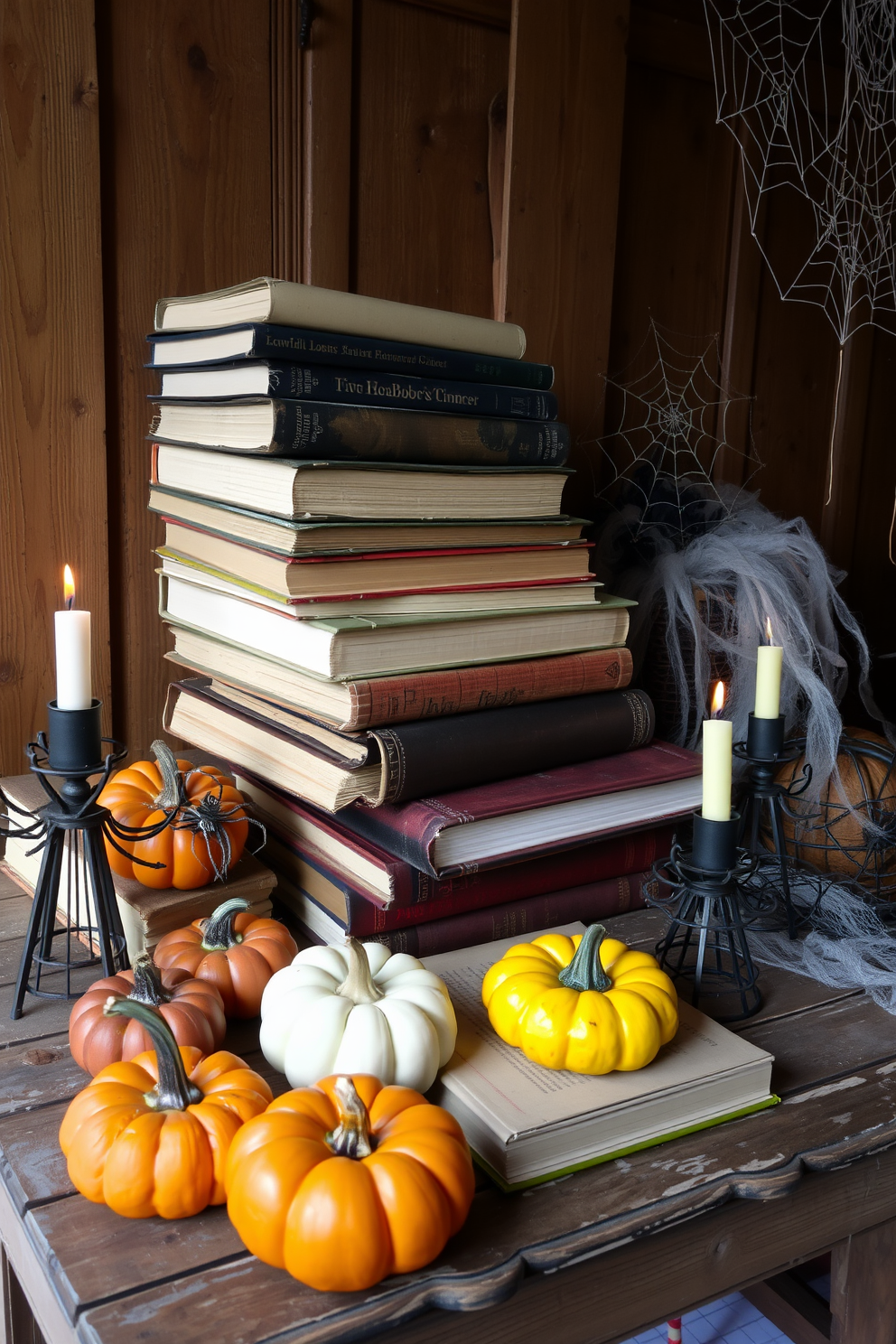 Old books stacked haphazardly on a rustic wooden table create a cozy reading nook. Surrounding the books are various Halloween decorations, including small pumpkins, flickering candles, and whimsical spider webs.