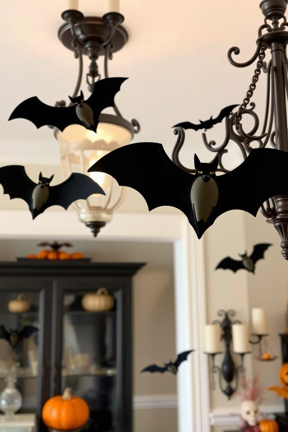 Create a whimsical Halloween-themed interior space featuring faux bats hanging from elegant light fixtures. The room is adorned with subtle fall colors and spooky decorations that enhance the festive atmosphere.