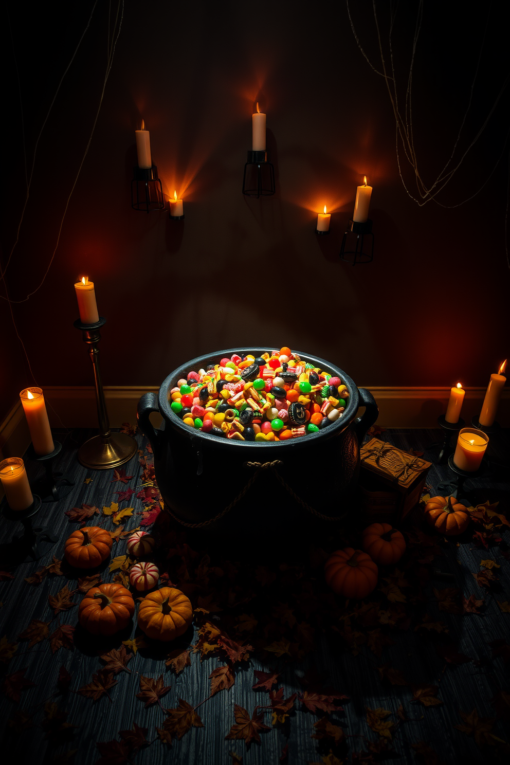 A creepy cauldron sits in the center of a dimly lit room, filled to the brim with colorful candies and spooky treats. Surrounding the cauldron are flickering candles casting eerie shadows on the walls, enhancing the Halloween atmosphere. The floor is scattered with autumn leaves and small pumpkins, creating a festive yet haunting vibe. Cobwebs drape from the corners of the room, adding to the overall spooky decor and inviting guests to indulge in the candy.