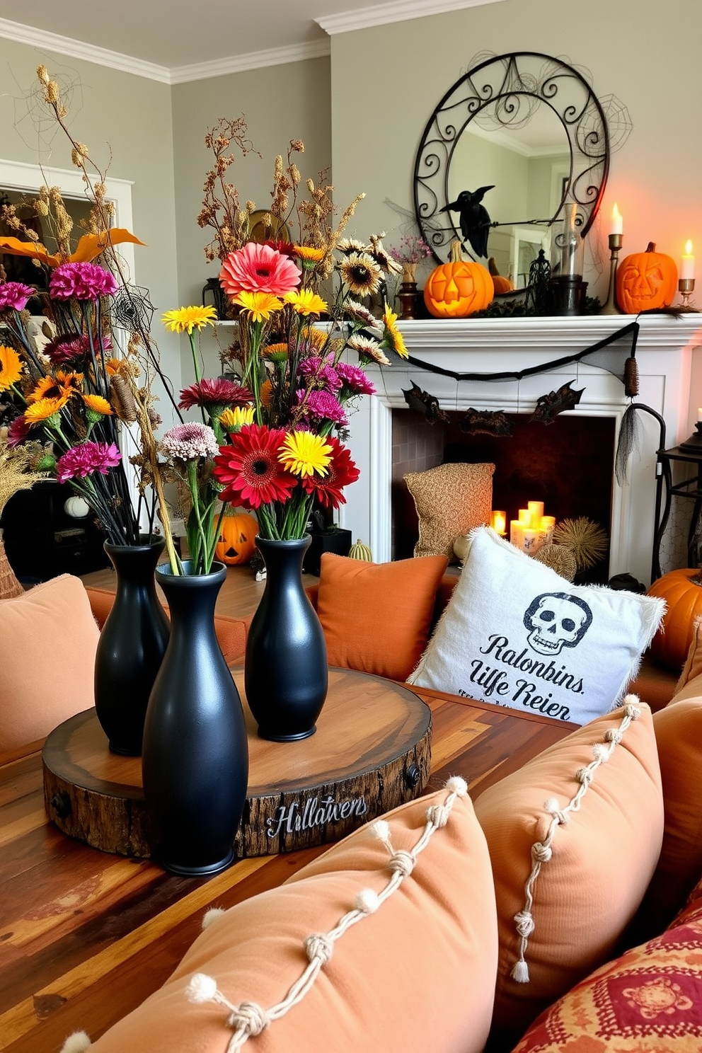 A cozy living room adorned with seasonal flowers in dark vases. The vases are strategically placed on a rustic wooden coffee table, surrounded by plush cushions in autumn colors. Spooky Halloween decorations are scattered throughout the space. A carved pumpkin sits on the mantelpiece, complemented by flickering candles and cobweb accents.