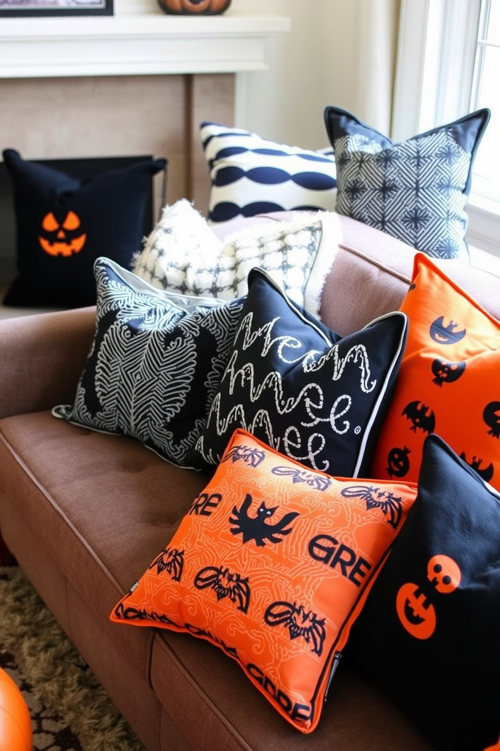 A cozy living room setting featuring a stylish arrangement of black and orange throw pillows on a plush sofa. The pillows are mixed in various patterns and textures, creating a festive atmosphere perfect for Halloween.