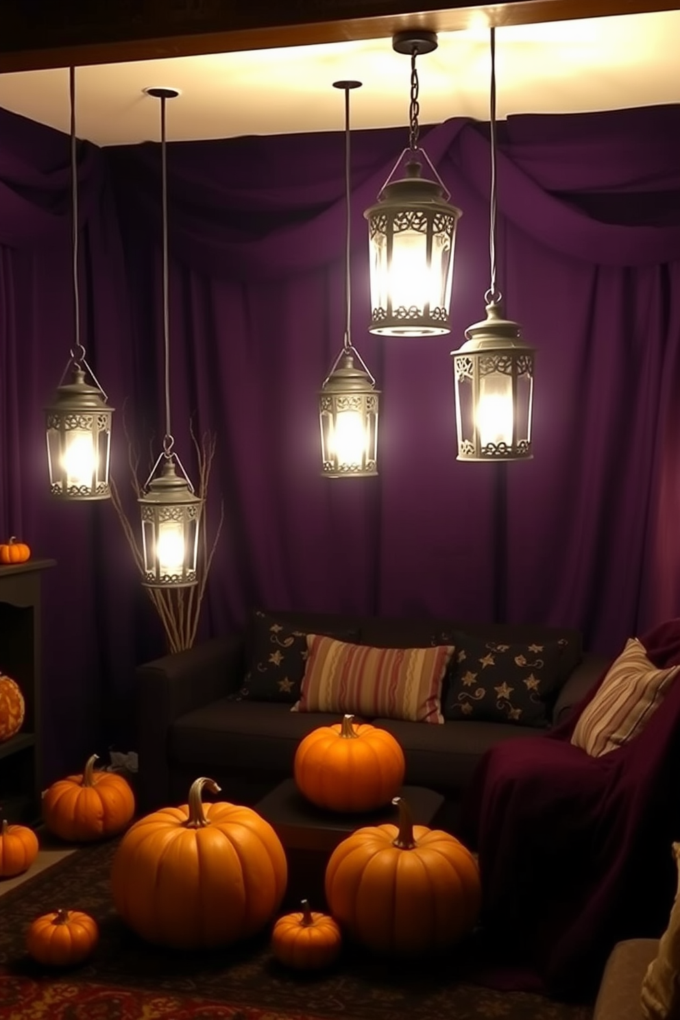 A cozy living room adorned with hanging lanterns casting an eerie glow. The walls are draped in deep purple fabric, and scattered pumpkins add to the Halloween ambiance.