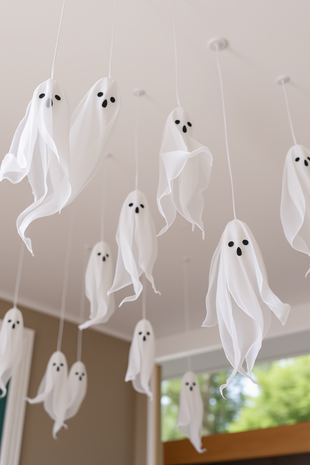 Create a whimsical Halloween scene with hanging ghost decorations from the ceiling. The ghosts are made of sheer white fabric, gently swaying in the breeze, creating an eerie yet playful atmosphere.