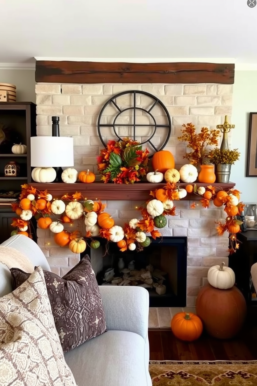 A cozy living room adorned for Halloween features a rustic mantel decorated with a vibrant pumpkin garland. The garland consists of various sizes of pumpkins in shades of orange, white, and green, intertwined with autumn leaves and fairy lights for a warm glow.