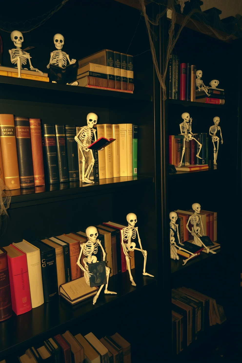 Skeleton figurines are artfully arranged on a series of dark wooden bookshelves, creating a whimsical yet eerie atmosphere. Each shelf features a mix of classic literature and spooky decor, with cobwebs delicately draped over the corners for added effect. The skeletons are posed in playful positions, some reading books while others appear to be engaged in conversation. Soft, dim lighting casts shadows that enhance the Halloween theme, making the space feel both inviting and mysterious.