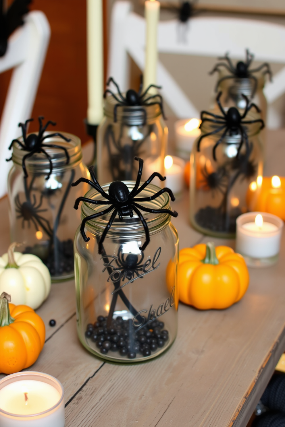 Mason jars filled with faux spiders create a spooky and playful Halloween atmosphere. The jars are arranged on a rustic wooden table, surrounded by small pumpkins and flickering candles for an eerie glow.