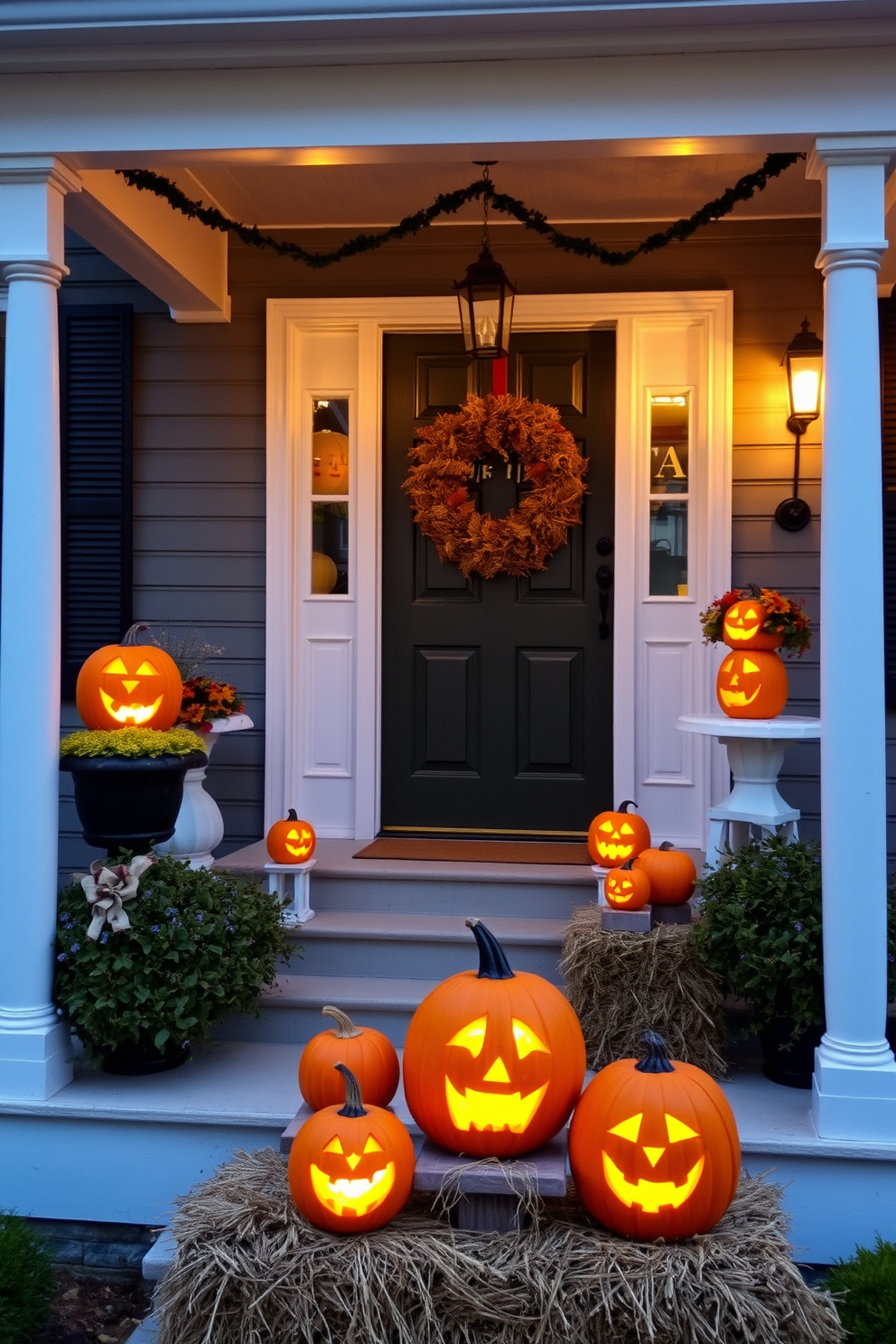 A charming porch decorated for Halloween features illuminated jack-o-lanterns of various sizes. Each pumpkin is intricately carved with unique designs and placed on hay bales, creating a festive and inviting atmosphere.