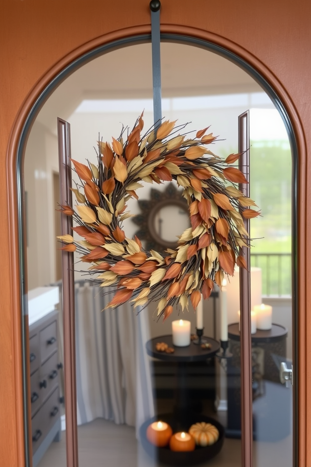 A beautiful wreath made of dried leaves and twigs is hung on the front door. The natural colors of the leaves blend seamlessly with the rustic twigs, creating an inviting autumnal feel. Inside, the wreath is complemented by subtle Halloween decorations such as small pumpkins and candles. The warm tones of the wreath enhance the cozy atmosphere, perfect for the Halloween season.