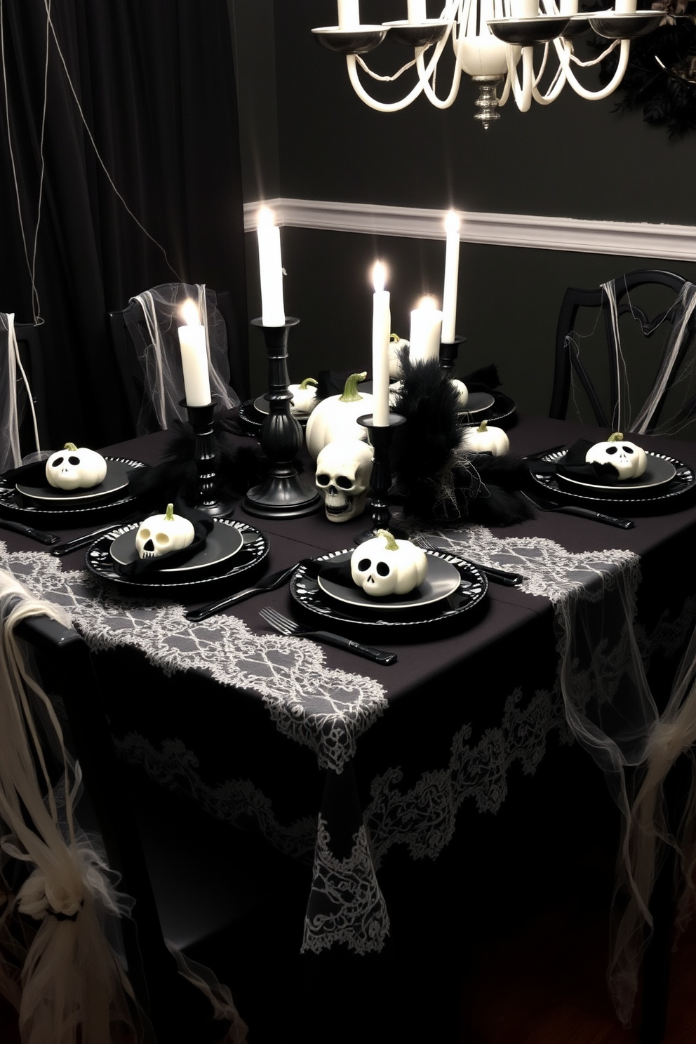 A spooky black and white table setting for Halloween features a dark tablecloth adorned with white lace overlays. On the table, black and white dinnerware is arranged, complemented by flickering candle holders shaped like skulls. Ghostly centerpieces made of white pumpkins and black feathers add an eerie touch to the decor. The ambiance is enhanced by dim lighting and cobwebs draped across the chairs, creating a hauntingly elegant dining experience.