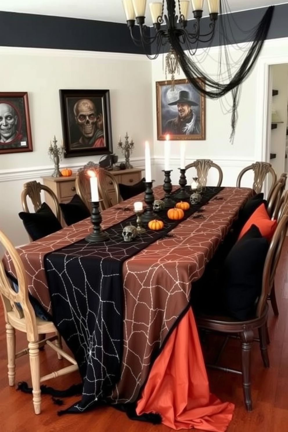 A spooky Halloween dining room features a long table set with a spider web table runner that drapes elegantly over the edges. Surrounding the table are mismatched vintage chairs adorned with black and orange cushions, enhancing the festive atmosphere. On the table, flickering candle holders in the shape of skulls create an eerie glow, while small pumpkins and faux spiders add whimsical touches. The walls are decorated with dark, moody artwork and hanging cobwebs, setting the perfect backdrop for a Halloween gathering.