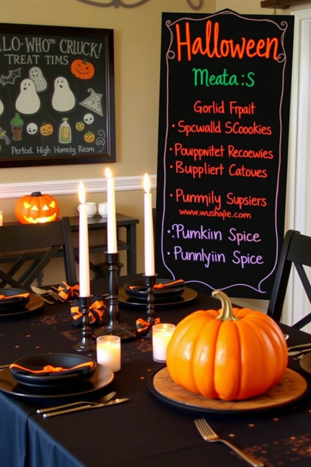 Chalkboard menu with Halloween treats. The menu features spooky-themed items like ghost-shaped cookies and pumpkin spice cupcakes, all written in vibrant chalk colors. Halloween dining room decorating ideas. The table is adorned with black and orange tableware, and the centerpiece includes a carved pumpkin surrounded by flickering candles.