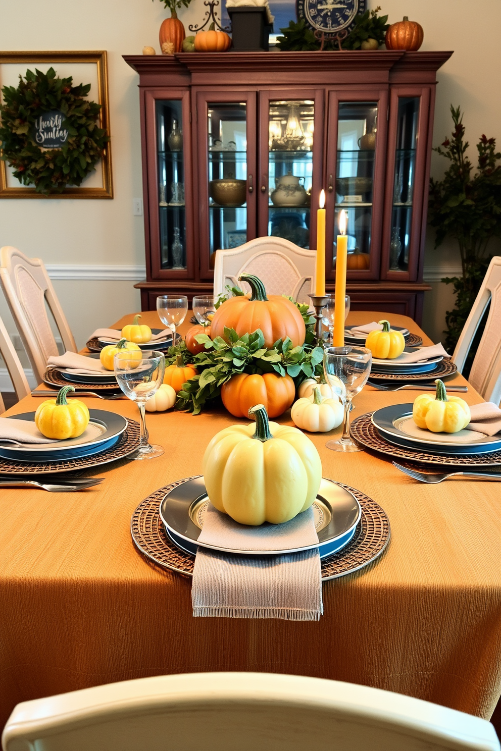 A cozy dining room setting adorned with miniature pumpkins as table accents. The dining table is set with a warm autumn tablecloth, and each place setting features a charming pumpkin at the center.