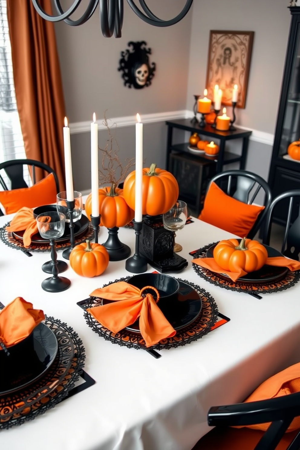 A festive Halloween dining room featuring orange and black themed dinnerware. The table is elegantly set with intricate black plates adorned with orange accents, complemented by matching napkins and glassware. Surrounding the table are stylish black chairs with orange cushions, creating a cozy and inviting atmosphere. Soft candlelight flickers from decorative pumpkin-shaped candle holders, enhancing the Halloween spirit in the room.