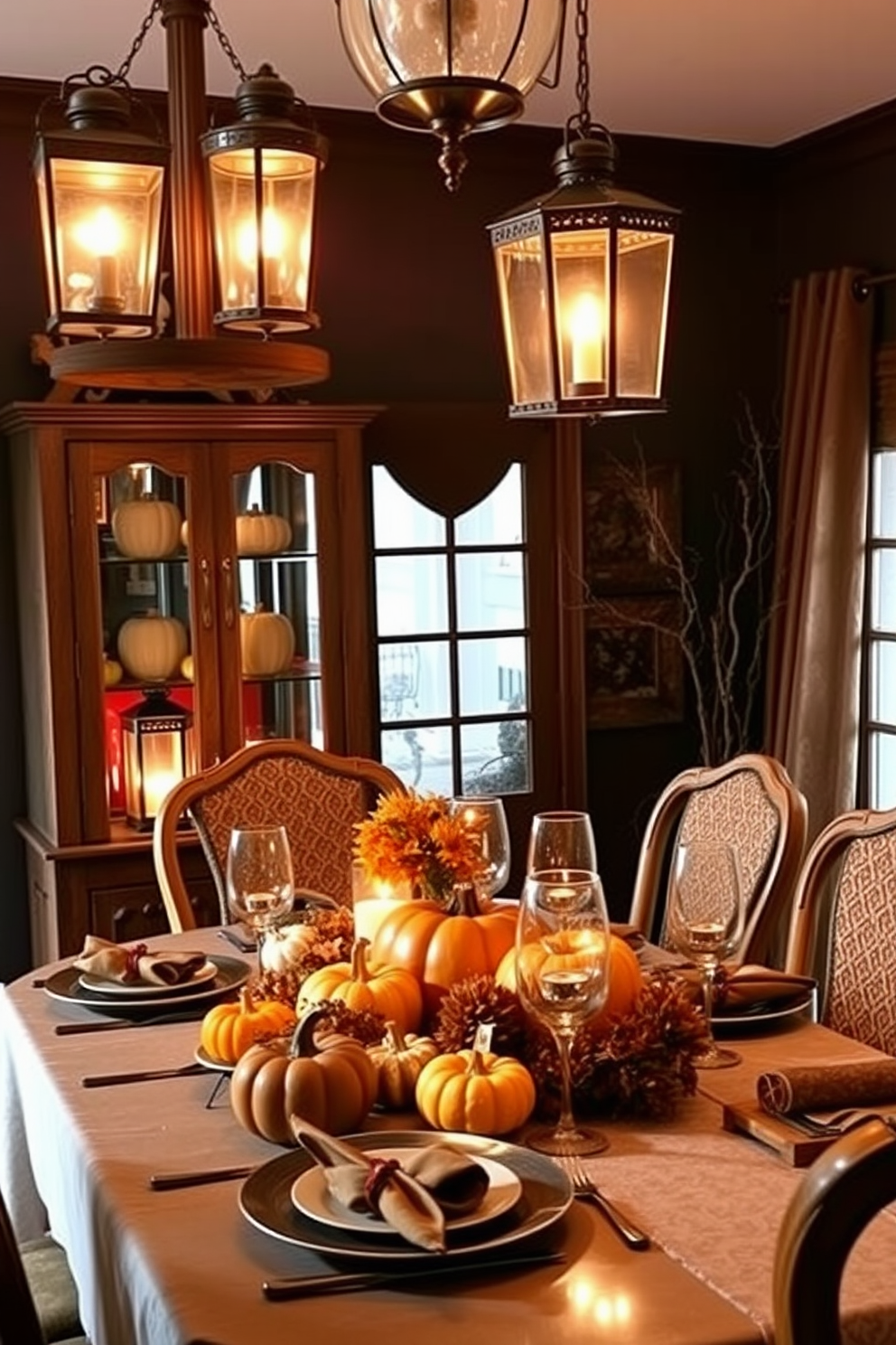 A cozy dining room adorned with vintage lanterns that cast a warm glow throughout the space. The table is elegantly set with autumn-themed decorations, featuring pumpkins and rustic tableware to enhance the Halloween ambiance.