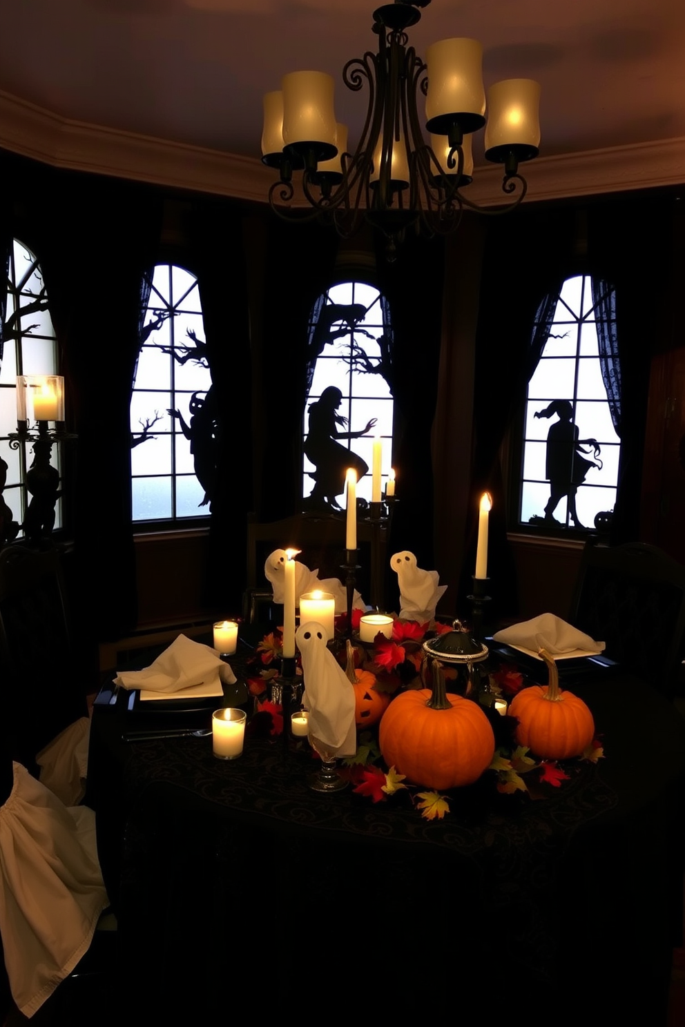 A dining room adorned with spooky silhouettes cast on the window panes creates an eerie atmosphere. The table is set with dark, elegant tableware and flickering candlelight, enhancing the Halloween spirit. Black lace tablecloth drapes over the table, complemented by ghostly white napkins. A centerpiece of carved pumpkins and autumn leaves adds a festive touch to the haunting decor.