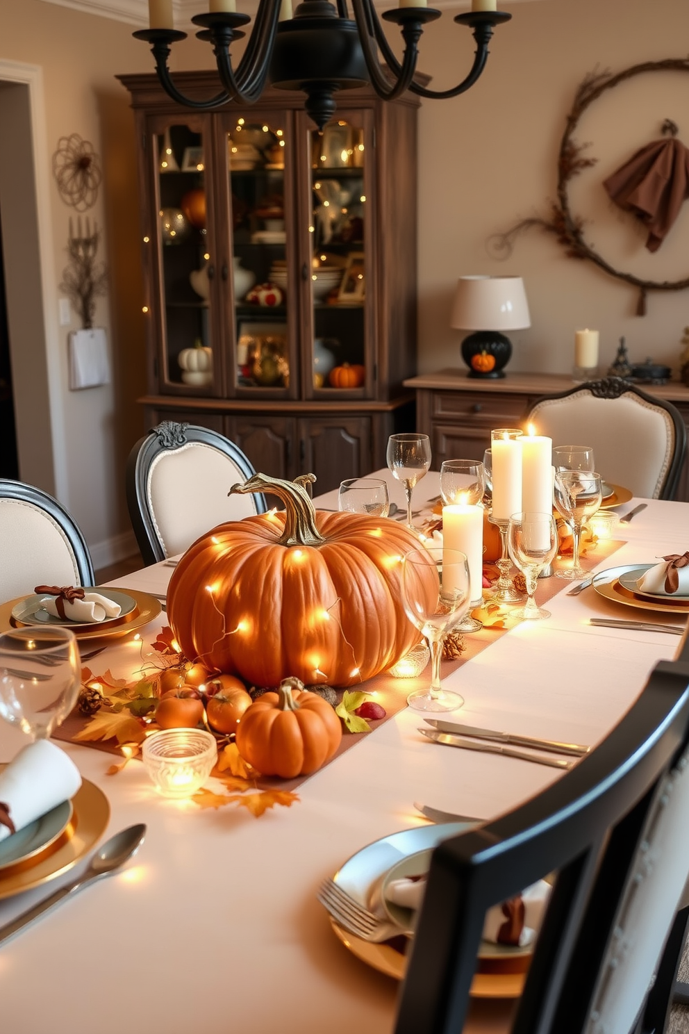 A beautifully arranged dining room featuring a pumpkin centerpiece surrounded by glowing fairy lights. The table is elegantly set with autumn-themed tableware and a warm color palette, creating a cozy atmosphere for Halloween festivities.