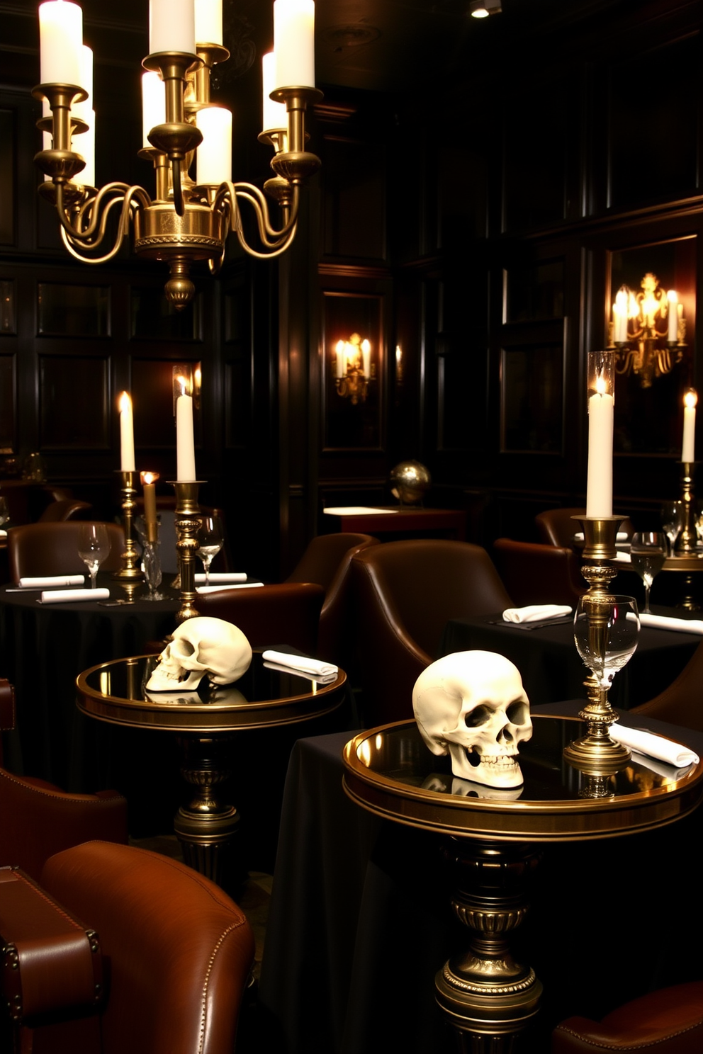 A stylish dining room adorned with decorative skulls placed on elegant side tables. The tables are draped with rich black tablecloths, and the ambiance is enhanced by dim, flickering candlelight.