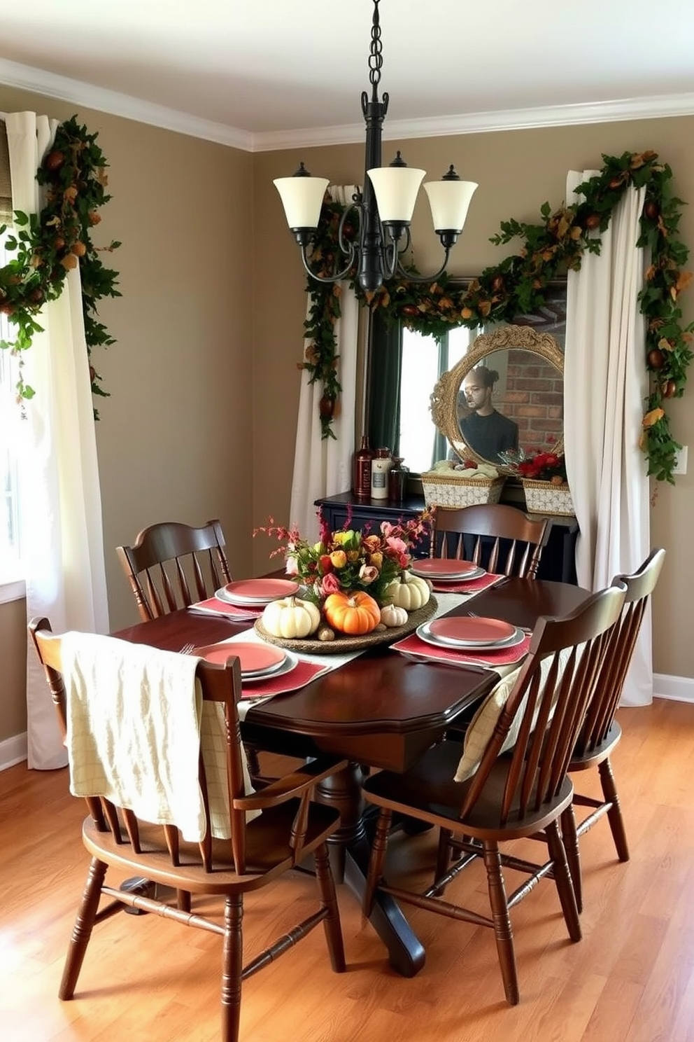 A cozy dining room adorned with a harvest-themed garland draped elegantly along the walls. The table is set with autumn-colored tableware and a centerpiece featuring pumpkins and seasonal flowers. Soft lighting creates a warm ambiance, highlighting the rich hues of the decor. Rustic wooden chairs surround the table, inviting guests to gather and enjoy a festive meal.