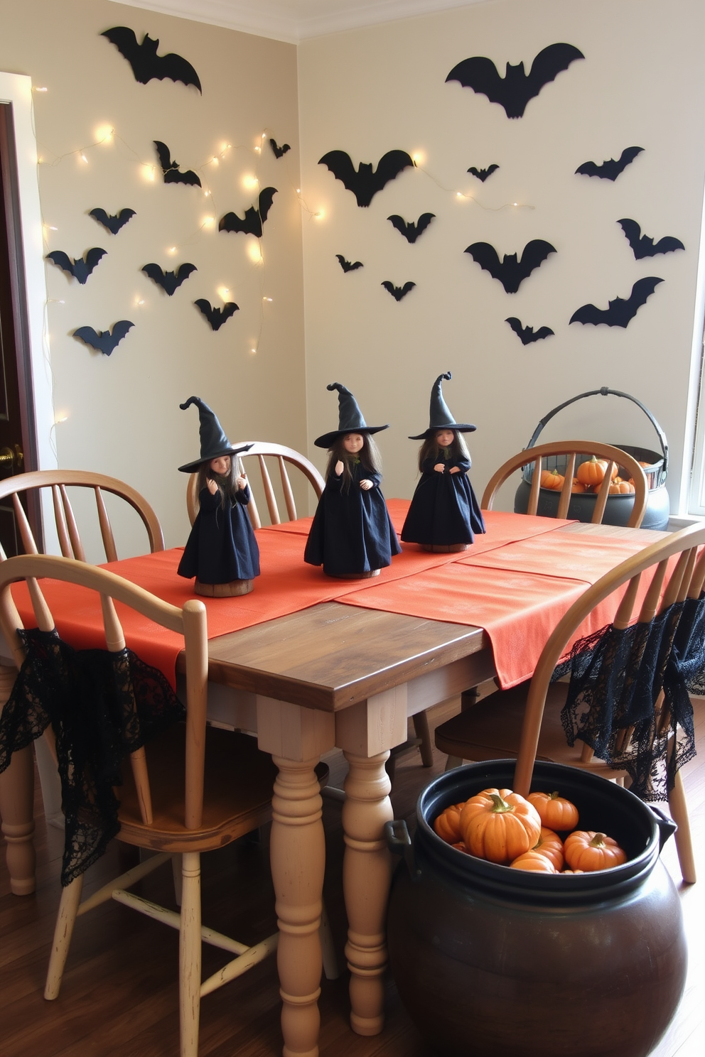 Charming witch figurines are placed as centerpieces on a rustic wooden dining table adorned with a dark orange tablecloth. Surrounding the table are mismatched vintage chairs, each draped with black lace fabric to enhance the Halloween theme. The walls are decorated with whimsical bat cutouts and string lights that create a cozy ambiance. A large cauldron filled with faux pumpkins sits in the corner, adding a playful touch to the festive atmosphere.