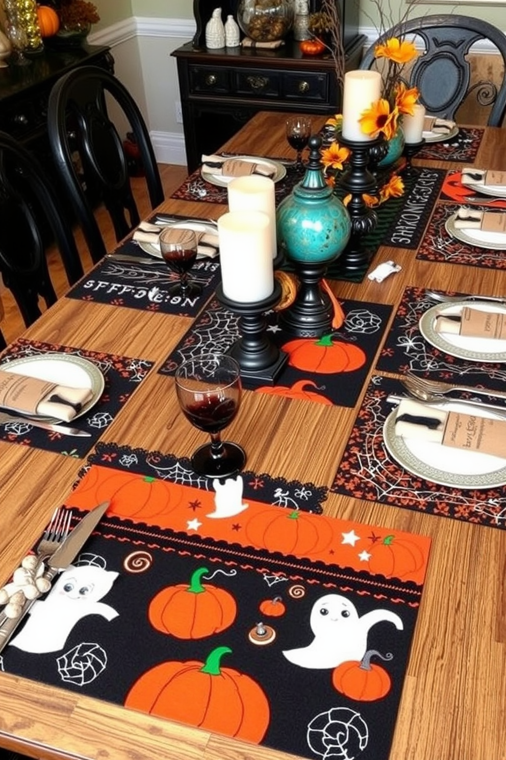 Create a set of Halloween-themed placemats for a dining room. The placemats feature vibrant colors and spooky designs, including pumpkins, ghosts, and cobwebs, to enhance the festive atmosphere. Incorporate elements like black lace and orange accents to complement the Halloween theme. Arrange the placemats on a rustic wooden dining table, surrounded by elegant dinnerware and autumn-inspired centerpieces.