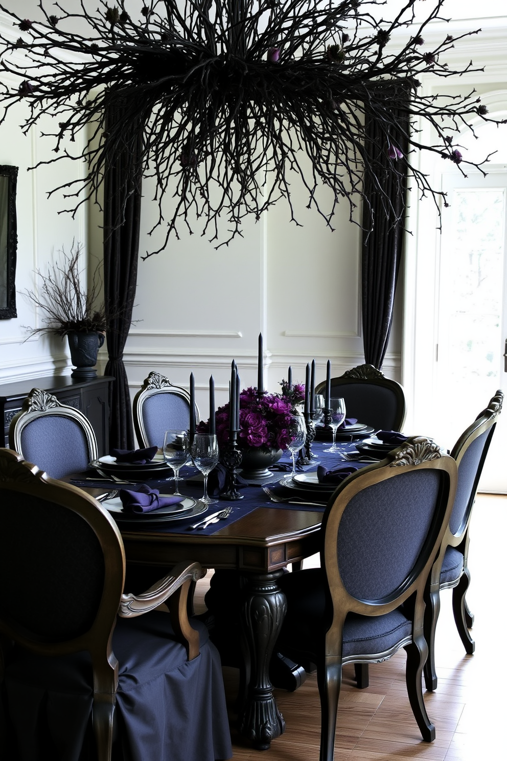 A dramatic dining room setting adorned with dark floral arrangements featuring thorns. The table is elegantly set with black and deep purple tableware, surrounded by antique chairs that add a touch of gothic charm.