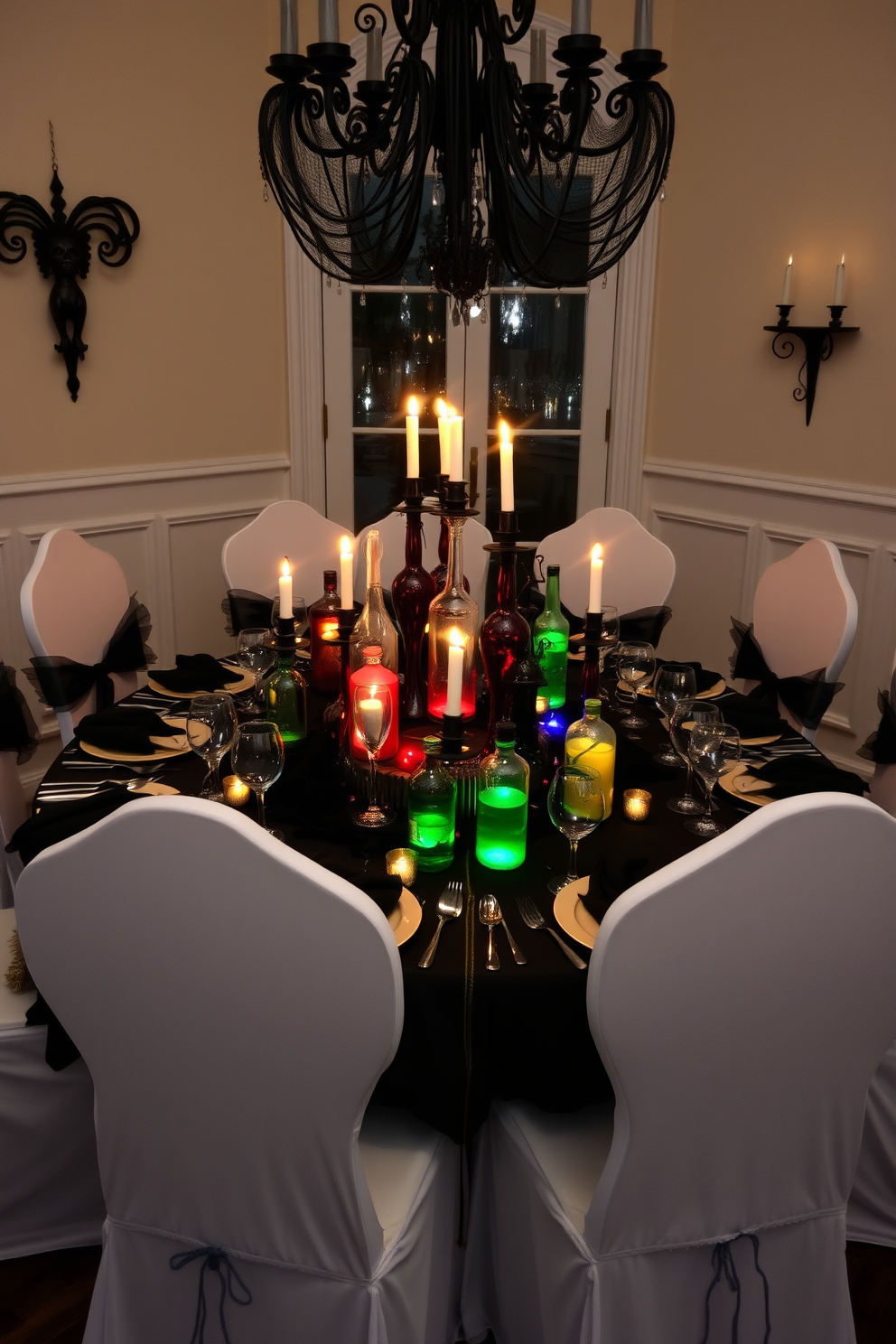 A Halloween dining room features an elegant table set for a spooky gathering. The centerpiece consists of an array of mysterious potion bottles in various shapes and sizes, filled with colorful liquids that glow under candlelight. The table is adorned with dark, moody linens and intricate place settings. Surrounding the table are ghostly white chairs draped with sheer black fabric, creating an enchanting atmosphere for the evening.