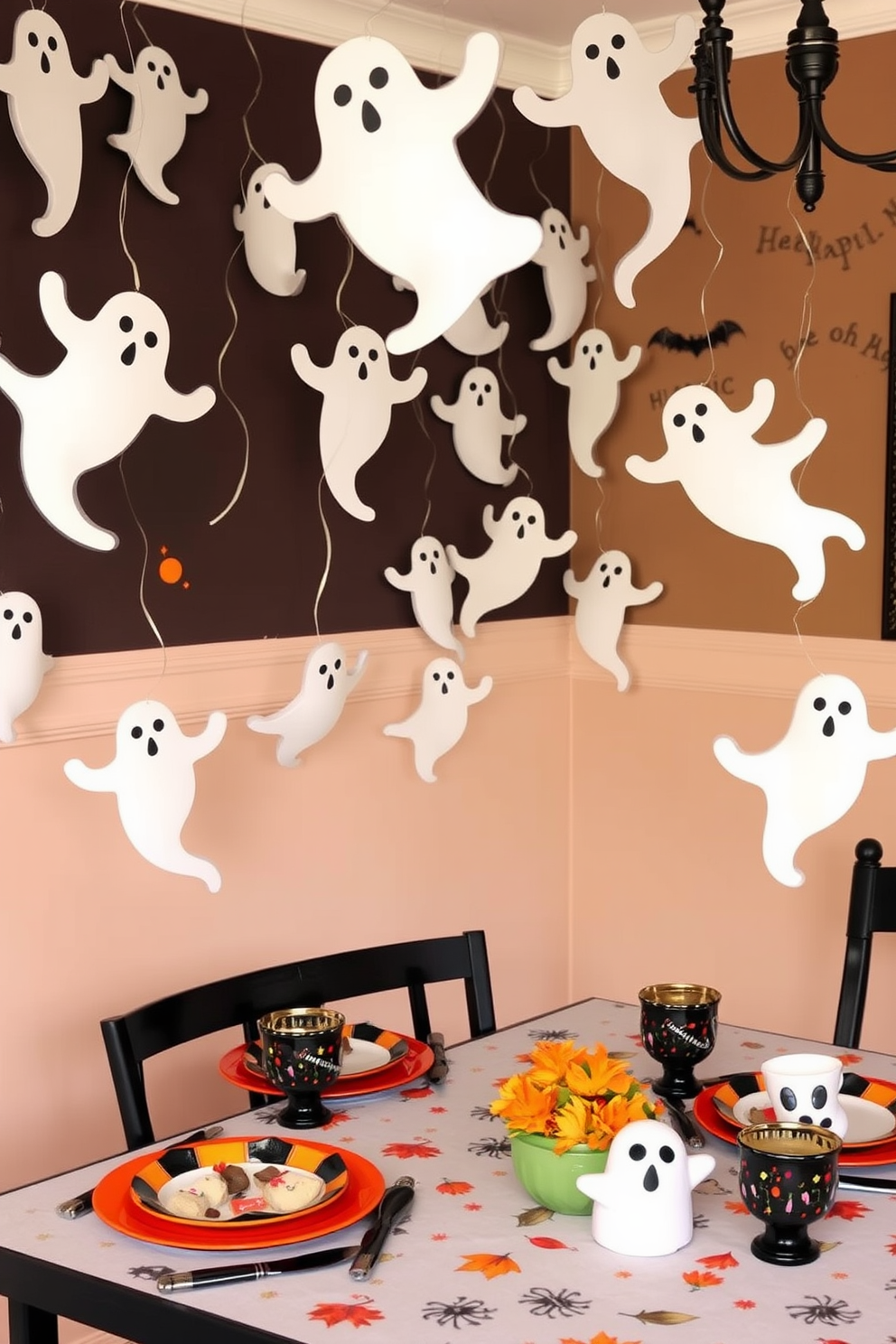 Whimsical ghost decorations float across the walls, creating a playful and spooky atmosphere for the Halloween dining room. The table is set with themed tableware, featuring ghostly motifs and vibrant autumn colors to enhance the festive spirit.