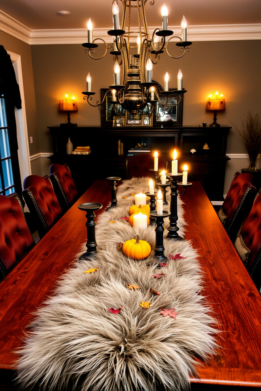 A cozy Halloween dining room setting featuring a long wooden table adorned with a faux fur table runner that adds warmth and texture. Surrounding the table are elegant chairs upholstered in rich, dark fabric, while flickering candlelight from ornate holders creates an inviting atmosphere. The table is set with seasonal decor, including miniature pumpkins and autumn leaves scattered across the runner. Above, a dramatic chandelier casts a soft glow, enhancing the festive yet sophisticated ambiance of the space.