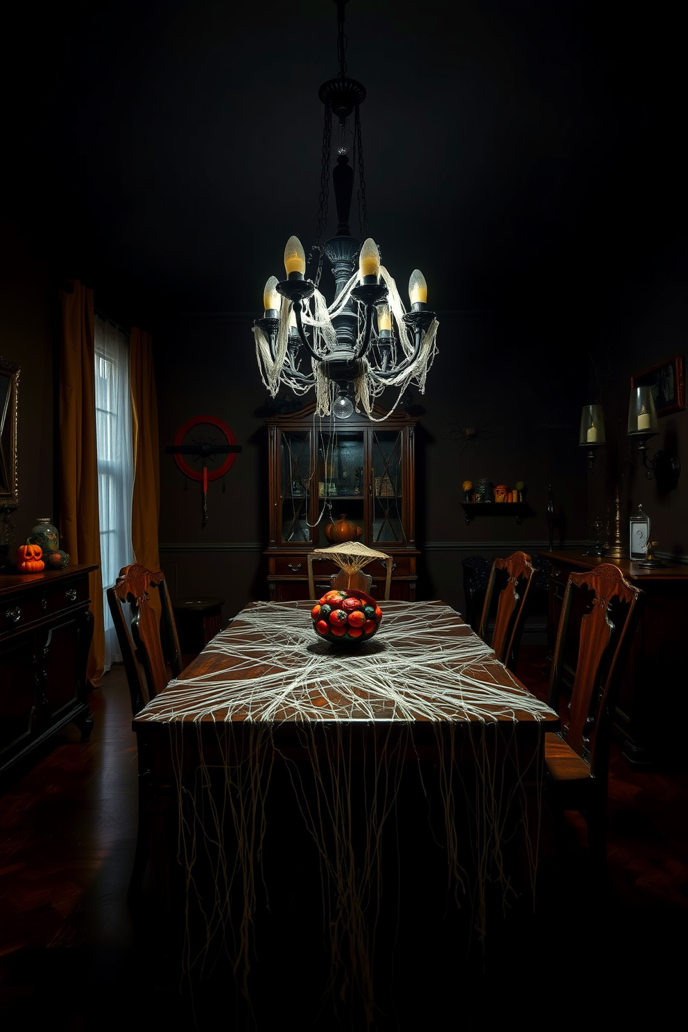 A spooky dining room filled with eerie ambiance. Creepy cobwebs draped across the vintage wooden table and chairs create an unsettling atmosphere. A dimly lit chandelier hangs overhead, casting shadows across the room. Dark, rich colors dominate the walls, while Halloween-themed decorations add to the chilling decor.