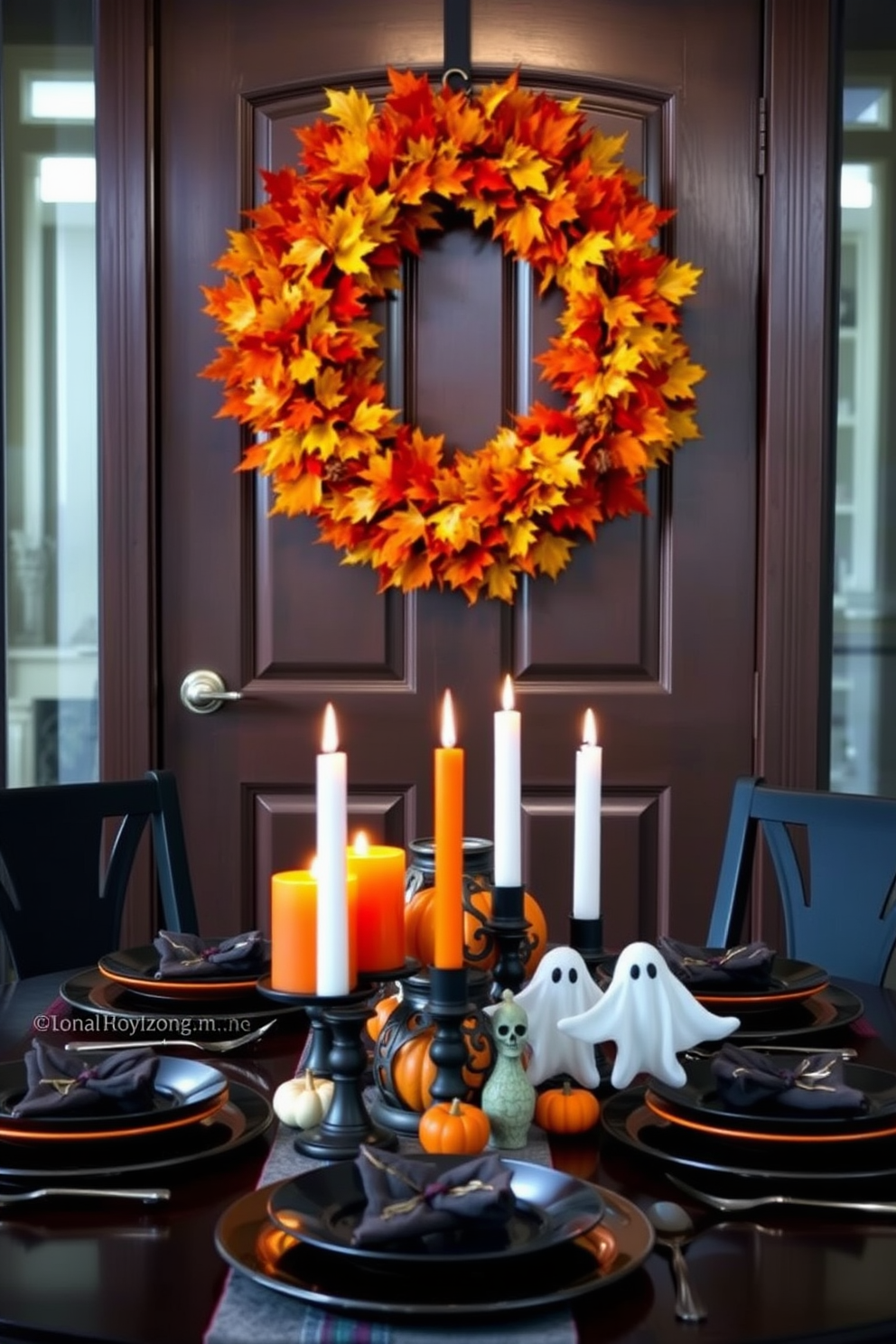 Charming autumn wreath on the door. The wreath is made of vibrant orange and yellow leaves, accented with small pumpkins and pinecones for a festive touch. Halloween dining room decorating ideas. The table is set with black and orange tableware, and spooky centerpieces featuring ghostly candles and eerie decorations create a haunting atmosphere.