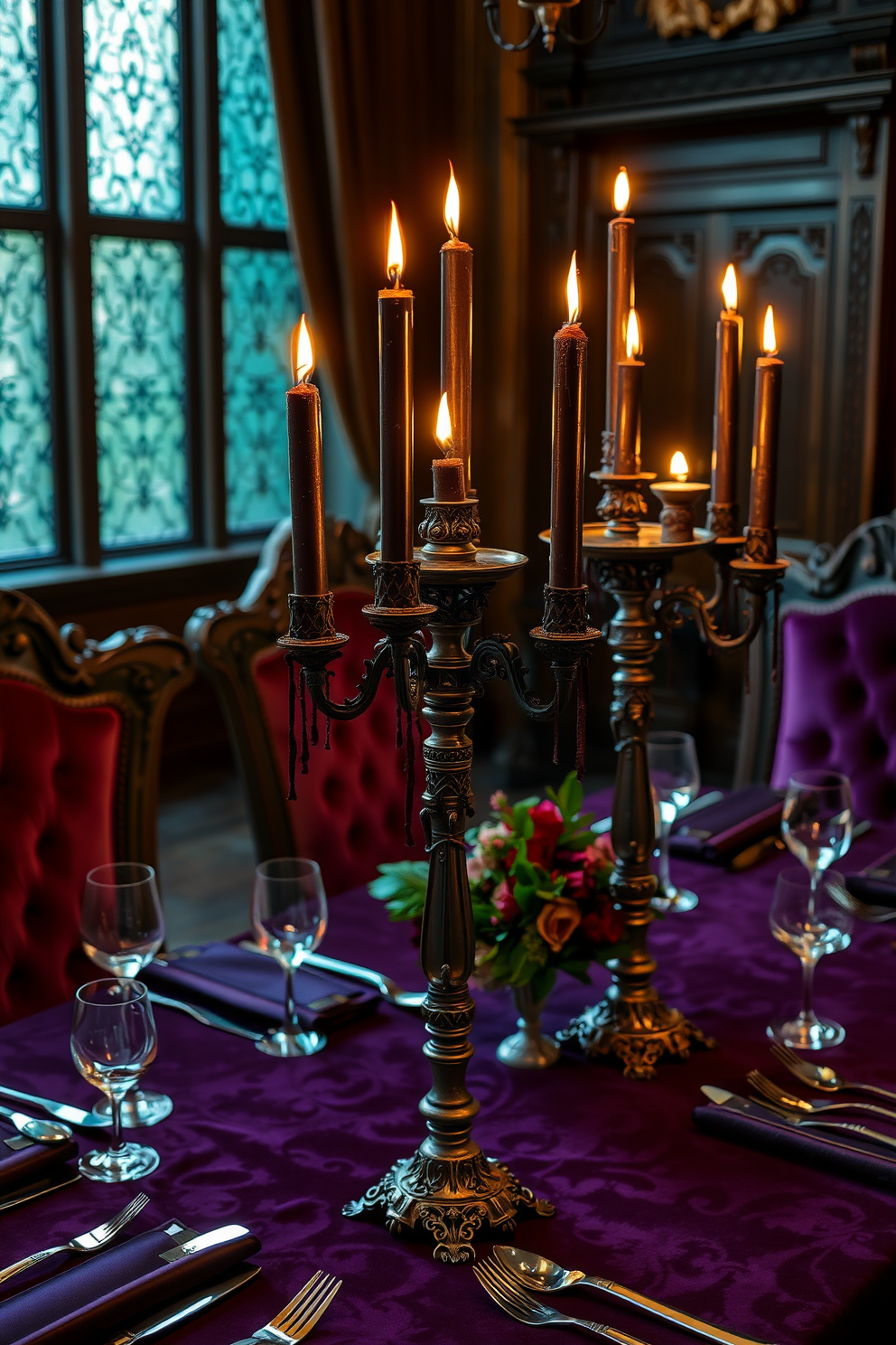 A gothic dining room setting adorned with ornate candlesticks made of wrought iron, each holding dark, dripping candles that cast an eerie glow. The table is set with deep purple tablecloths and intricate silverware, surrounded by high-backed chairs upholstered in rich velvet.