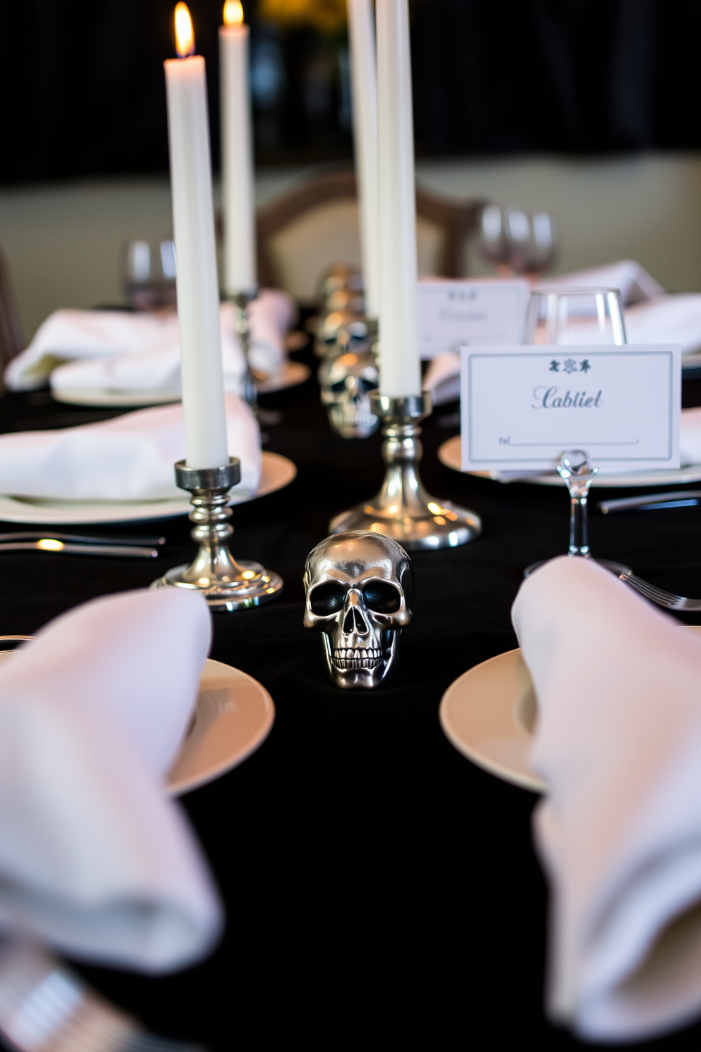 Elegant skull place card holders are set at each place setting, adding a touch of whimsy to the dining table. The table is adorned with a rich black tablecloth, and flickering candlelight creates an inviting atmosphere for Halloween festivities.